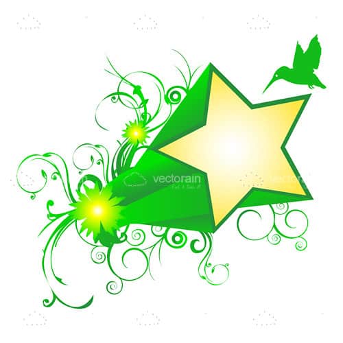Abstract Yellow Star on Green Floral Background